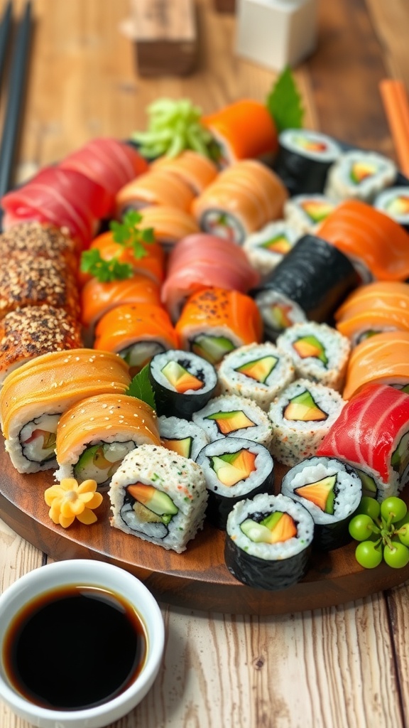 A colorful sushi platter with assorted sushi rolls, garnished with wasabi and pickled ginger on a wooden table.